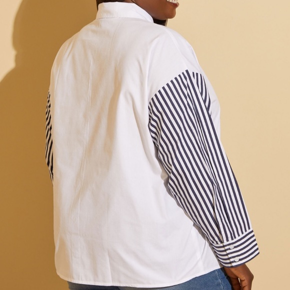 Plus ASHLEY STEWART Blue Striped Sleeved White Cotton Blend Shirt 14 - Picture 2 of 5